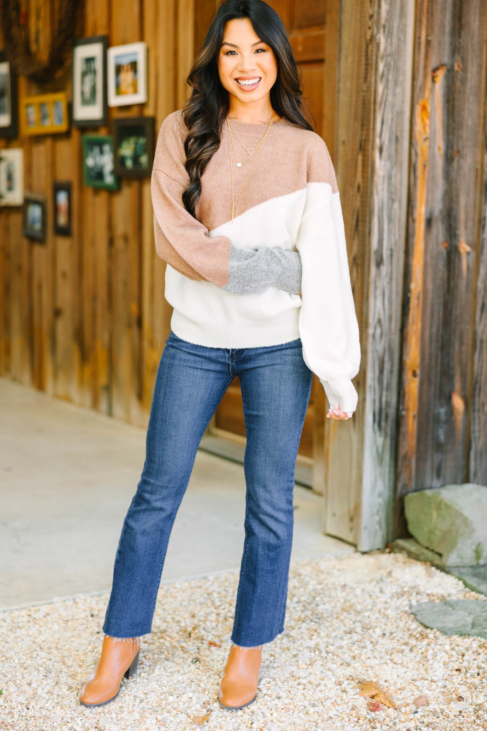 Clear Your Thoughts Khaki Brown Colorblock Sweater