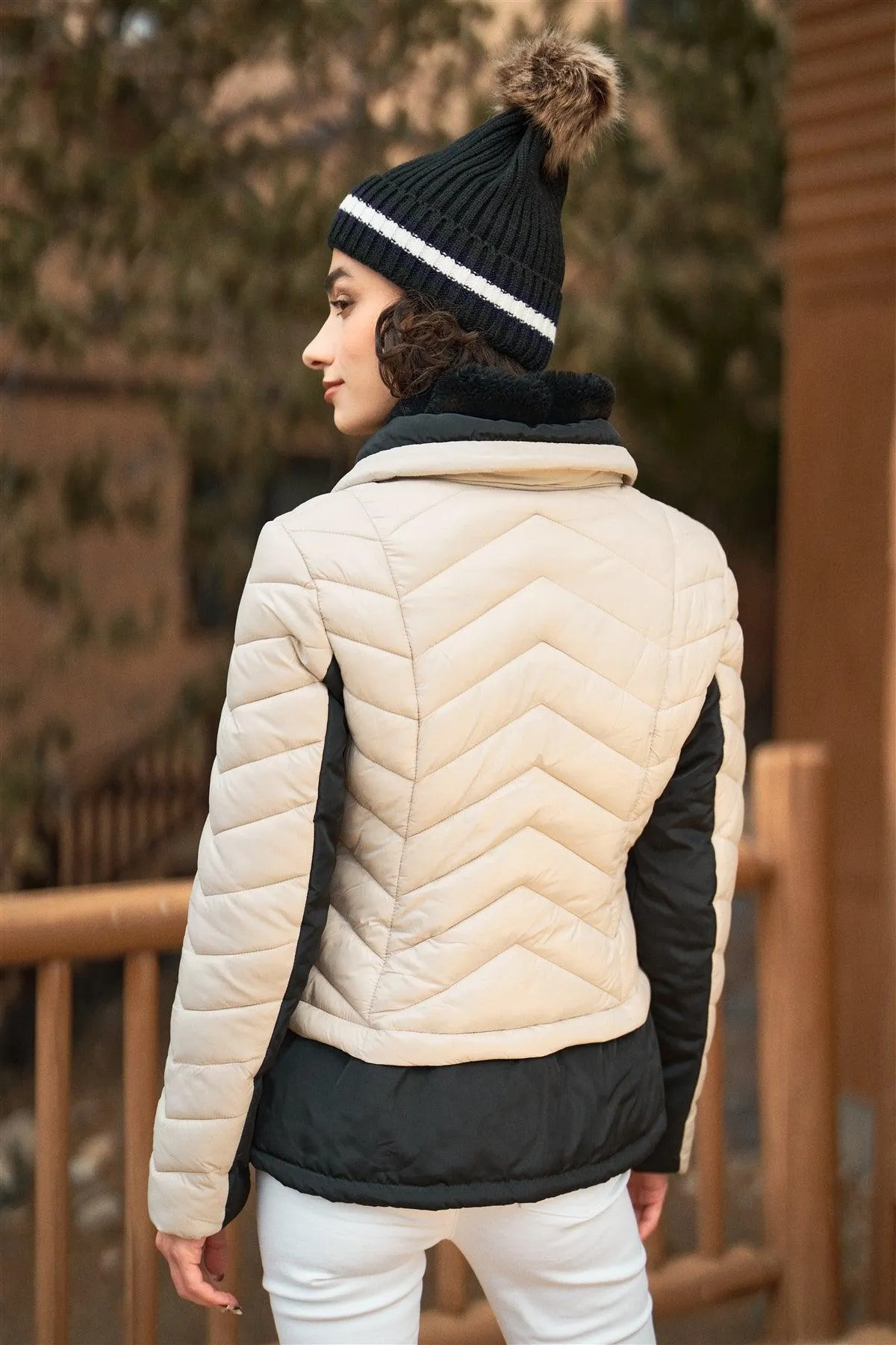 Cream & Black Chevron Quilted High Neck Double Zip Fastening Puffer Jacket /1-1-1-1