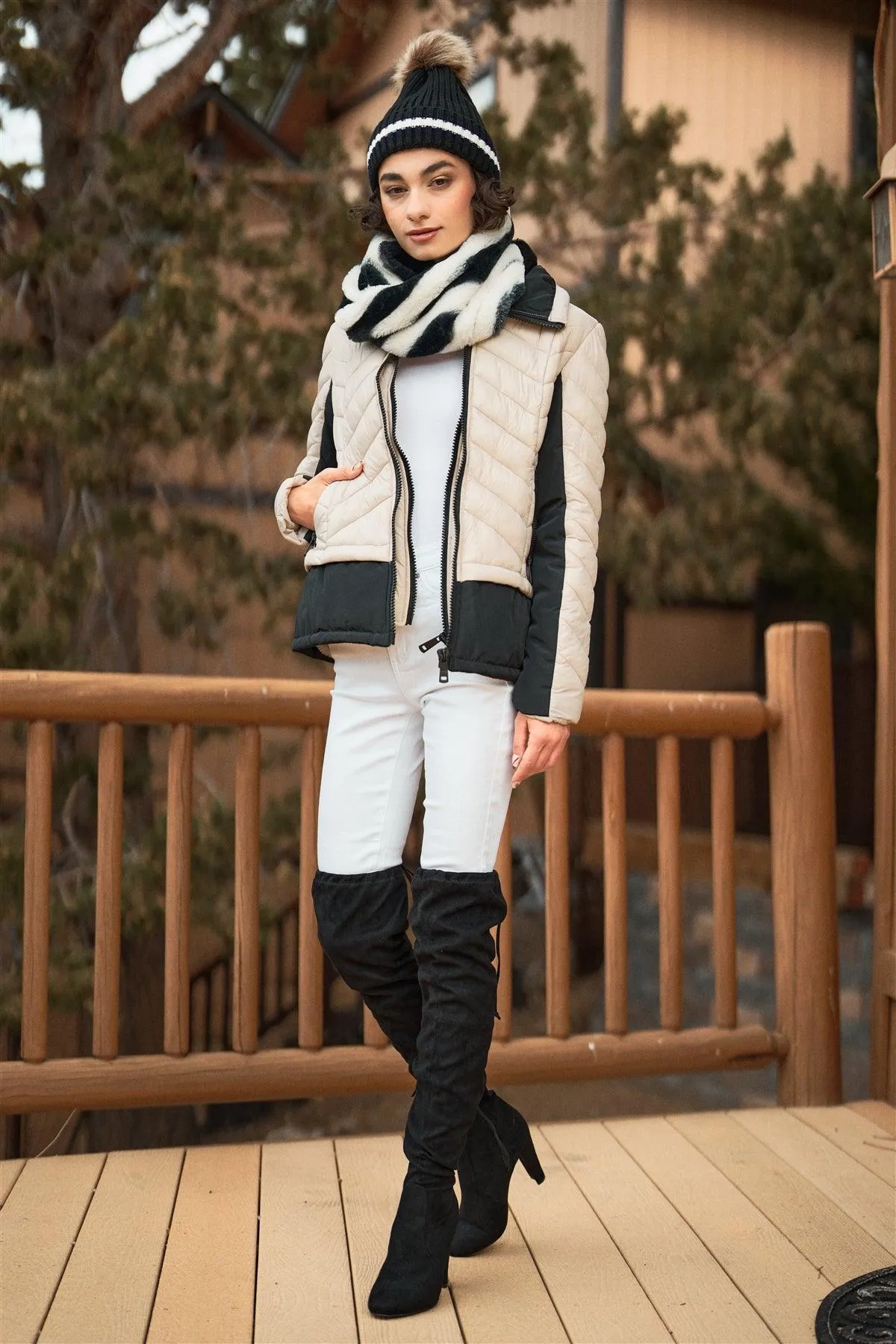 Cream & Black Chevron Quilted High Neck Double Zip Fastening Puffer Jacket /1-1-1-1
