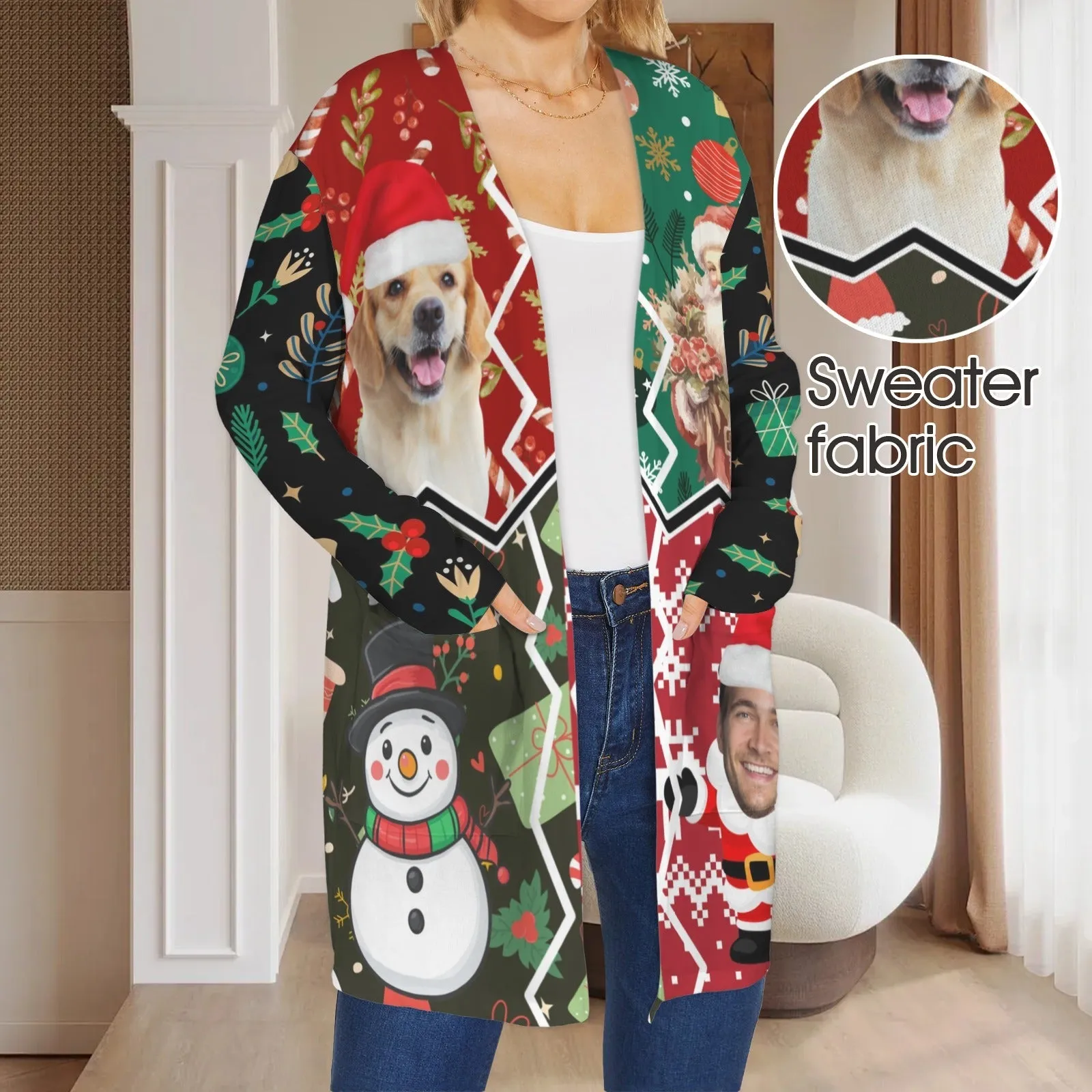 Custom Dog&Owner Picture Cardigan Ugly Christmas Sweater Women's Long Sleeve Pocket Cardigan