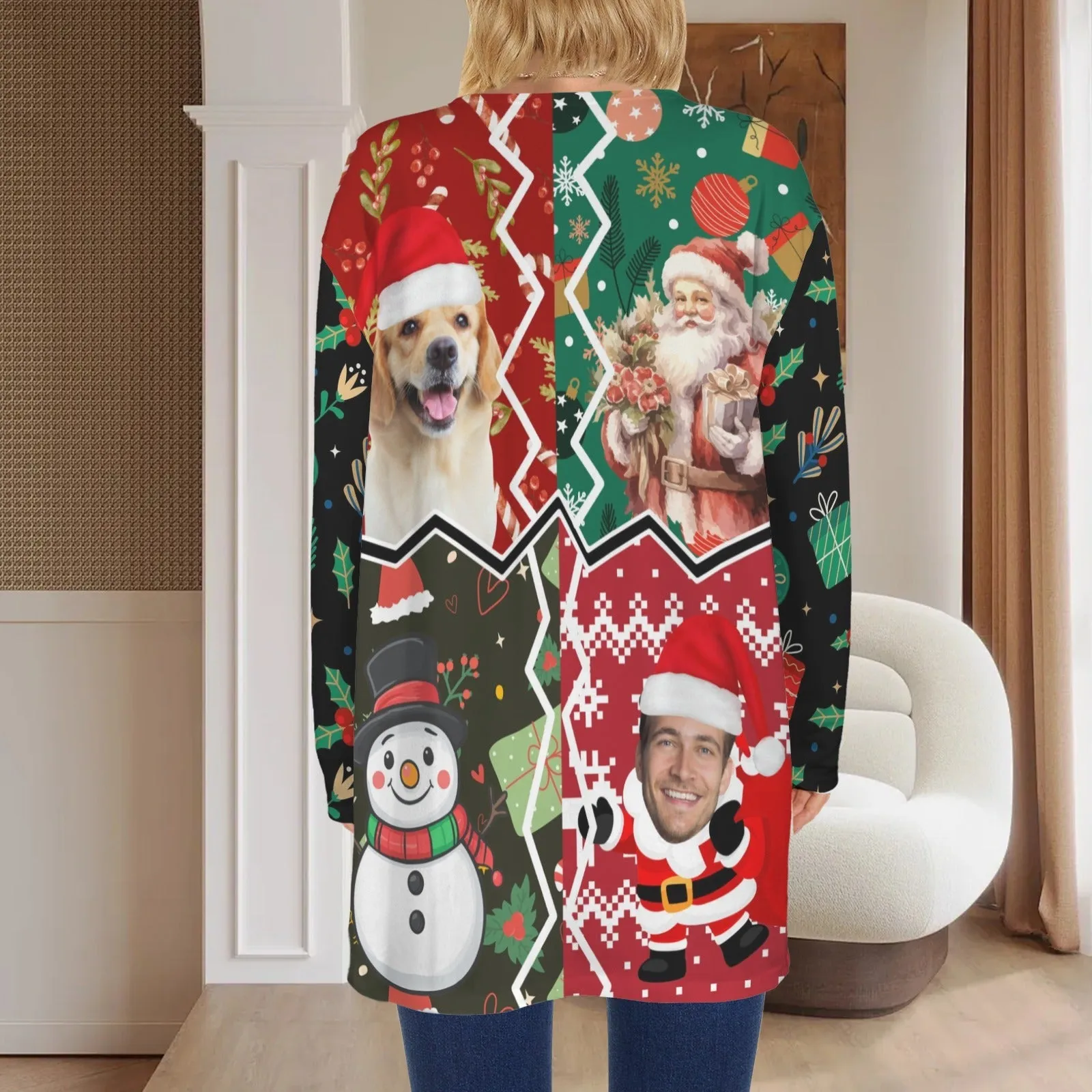 Custom Dog&Owner Picture Cardigan Ugly Christmas Sweater Women's Long Sleeve Pocket Cardigan