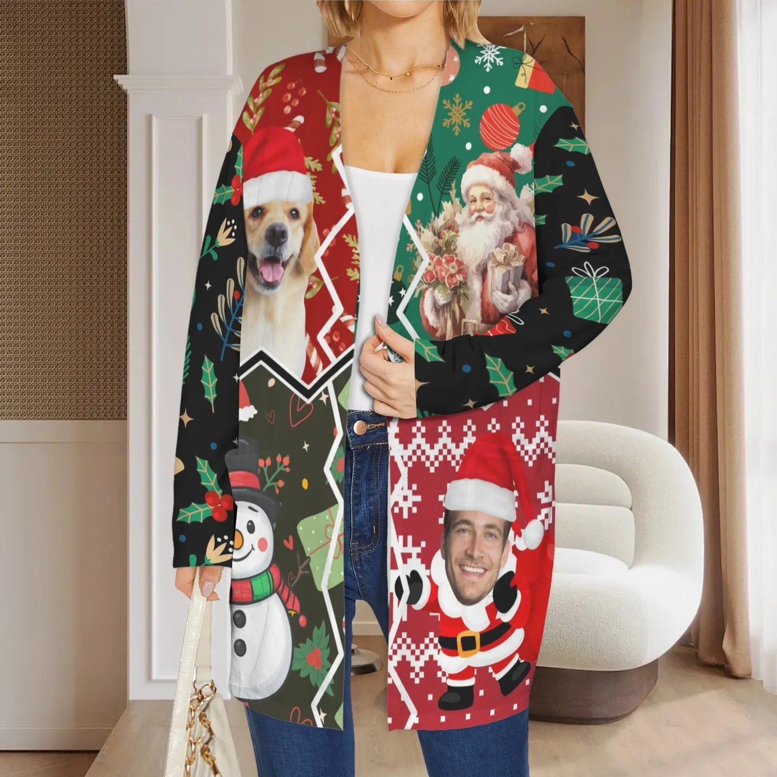 Custom Dog&Owner Picture Cardigan Ugly Christmas Sweater Women's Long Sleeve Pocket Cardigan