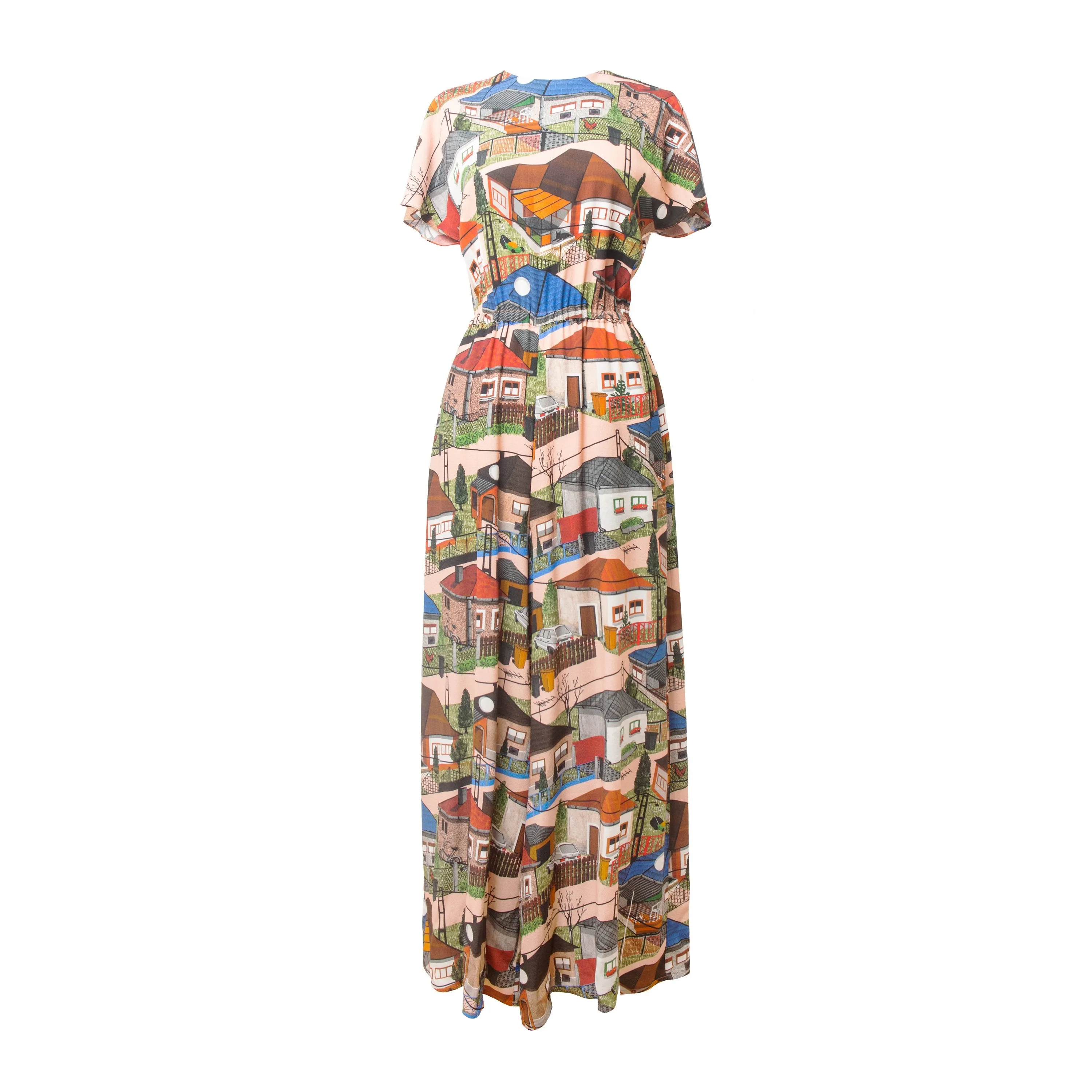 Dabas Big Houses Print Short Sleeve Jumpsuit