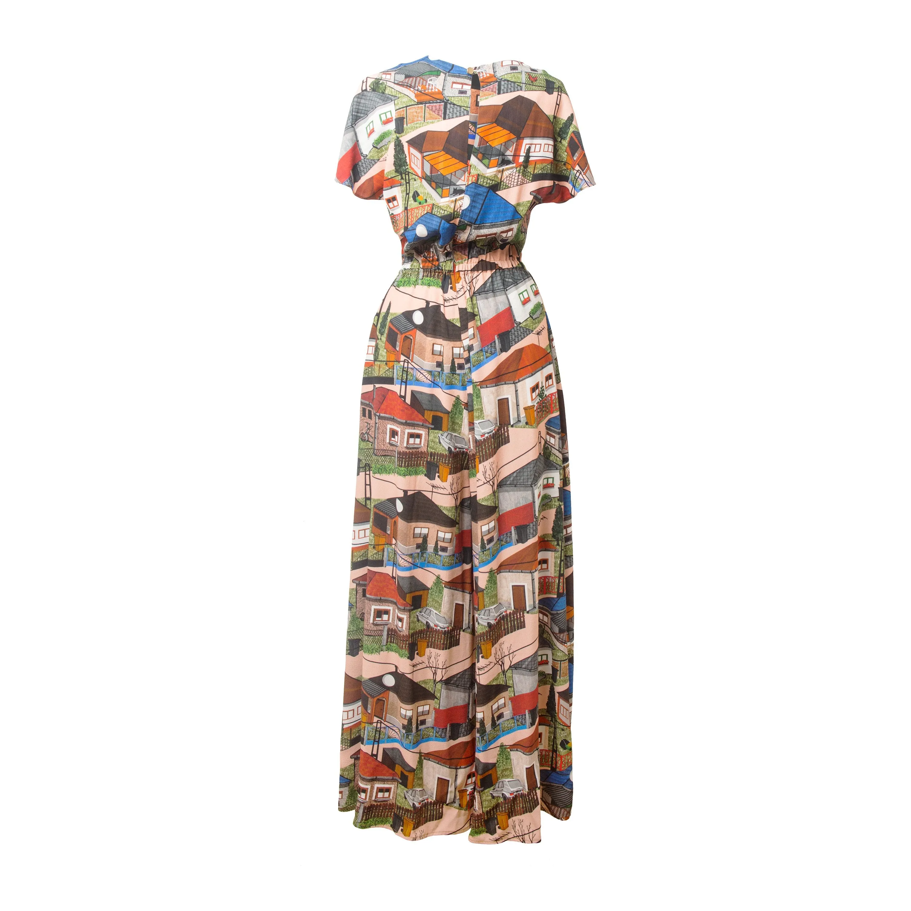 Dabas Big Houses Print Short Sleeve Jumpsuit