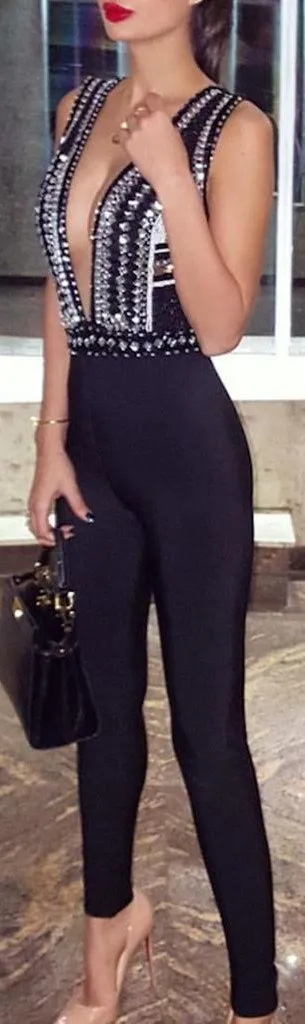 Deep V-Neck Embellished Jumpsuit in Black