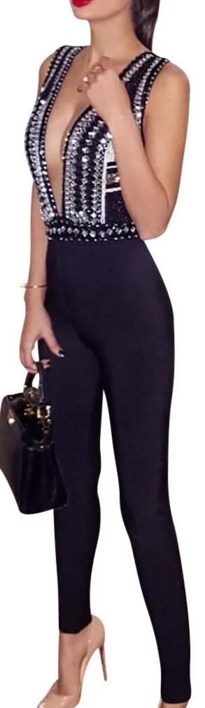 Deep V-Neck Embellished Jumpsuit in Black