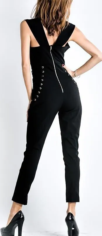 Deep V-Neck Side-Lace-up Jumpsuit in Black