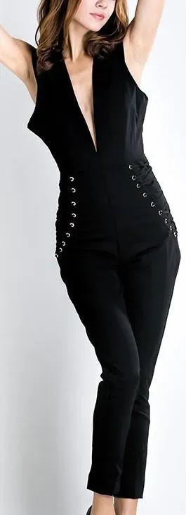 Deep V-Neck Side-Lace-up Jumpsuit in Black