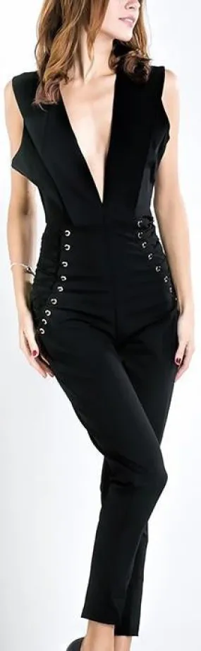 Deep V-Neck Side-Lace-up Jumpsuit in Black