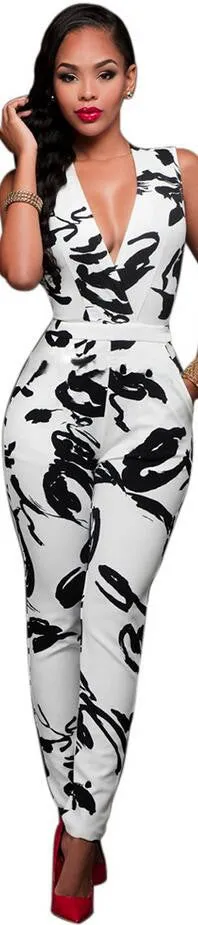 Deep V-neck Sleeveless Print Long Slim Jumpsuit