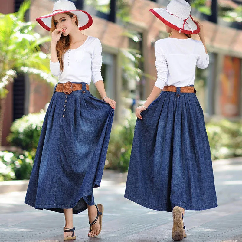 Denim Blue Elastic Waist Pleated Long Skirt With Belt On