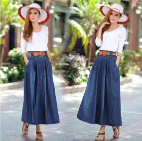 Denim Blue Elastic Waist Pleated Long Skirt With Belt On