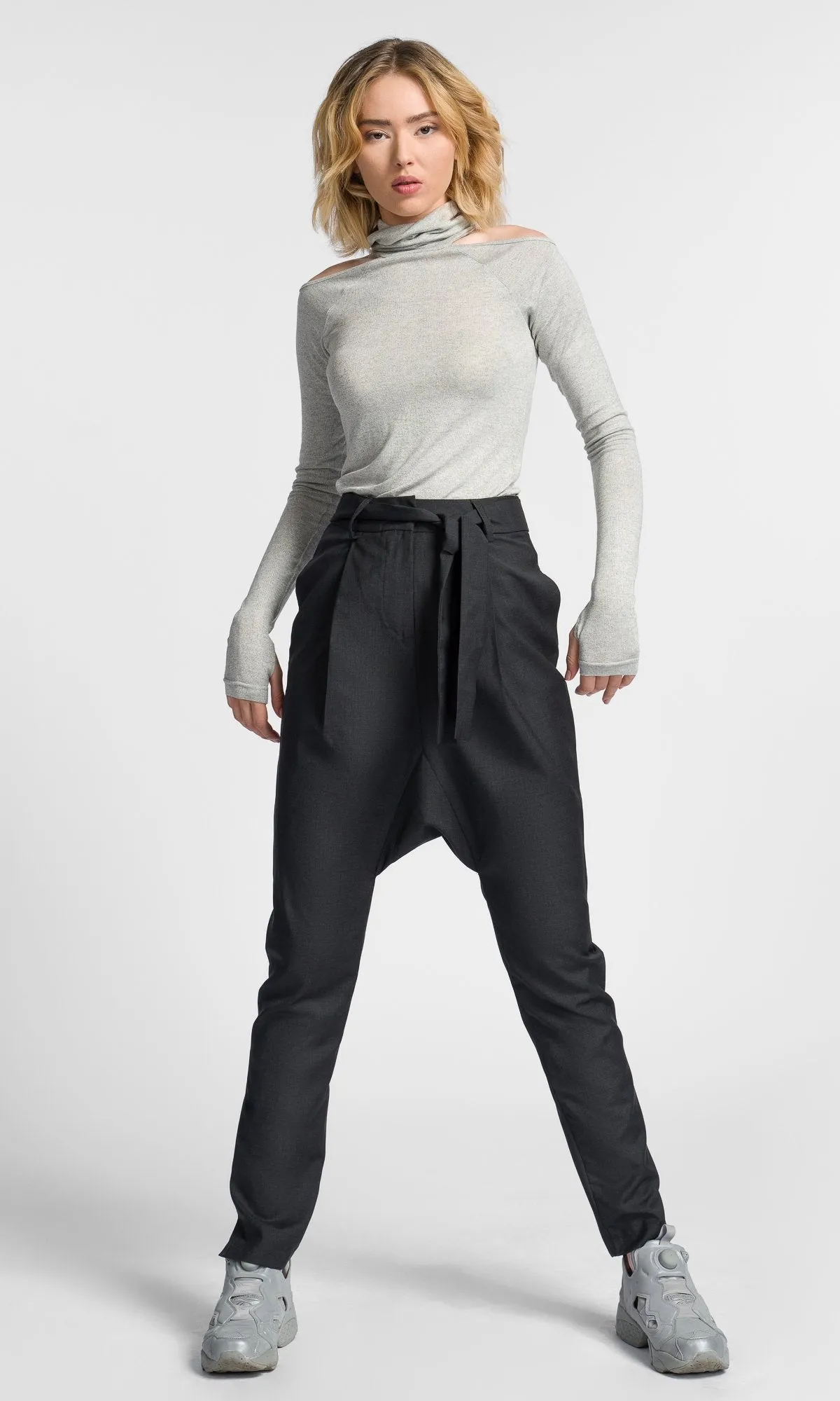 Drop Crotch Pants With Ribbon Belt