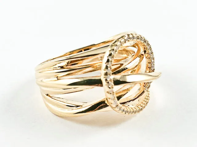 Elegant Multi Layer Crossover With Center CZ Circle Swirl Design Gold Tone Silver Ring