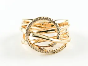 Elegant Multi Layer Crossover With Center CZ Circle Swirl Design Gold Tone Silver Ring