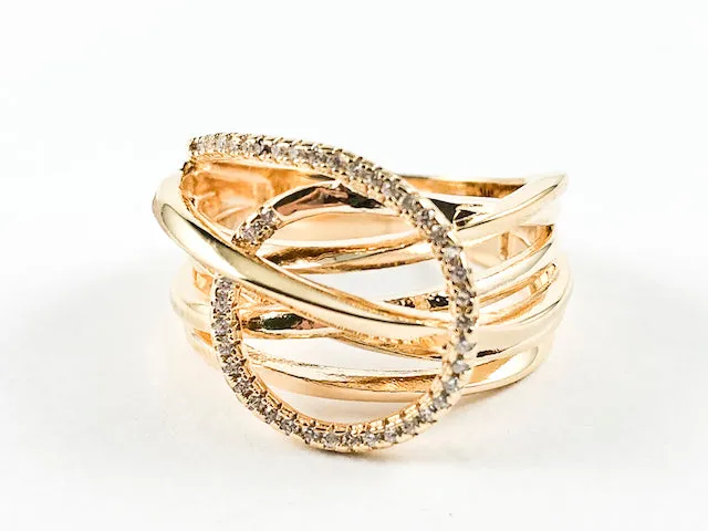 Elegant Multi Layer Crossover With Center CZ Circle Swirl Design Gold Tone Silver Ring