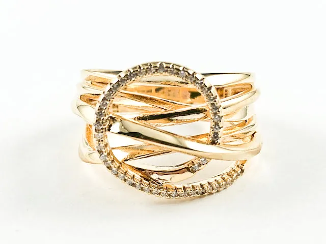 Elegant Multi Layer Crossover With Center CZ Circle Swirl Design Gold Tone Silver Ring