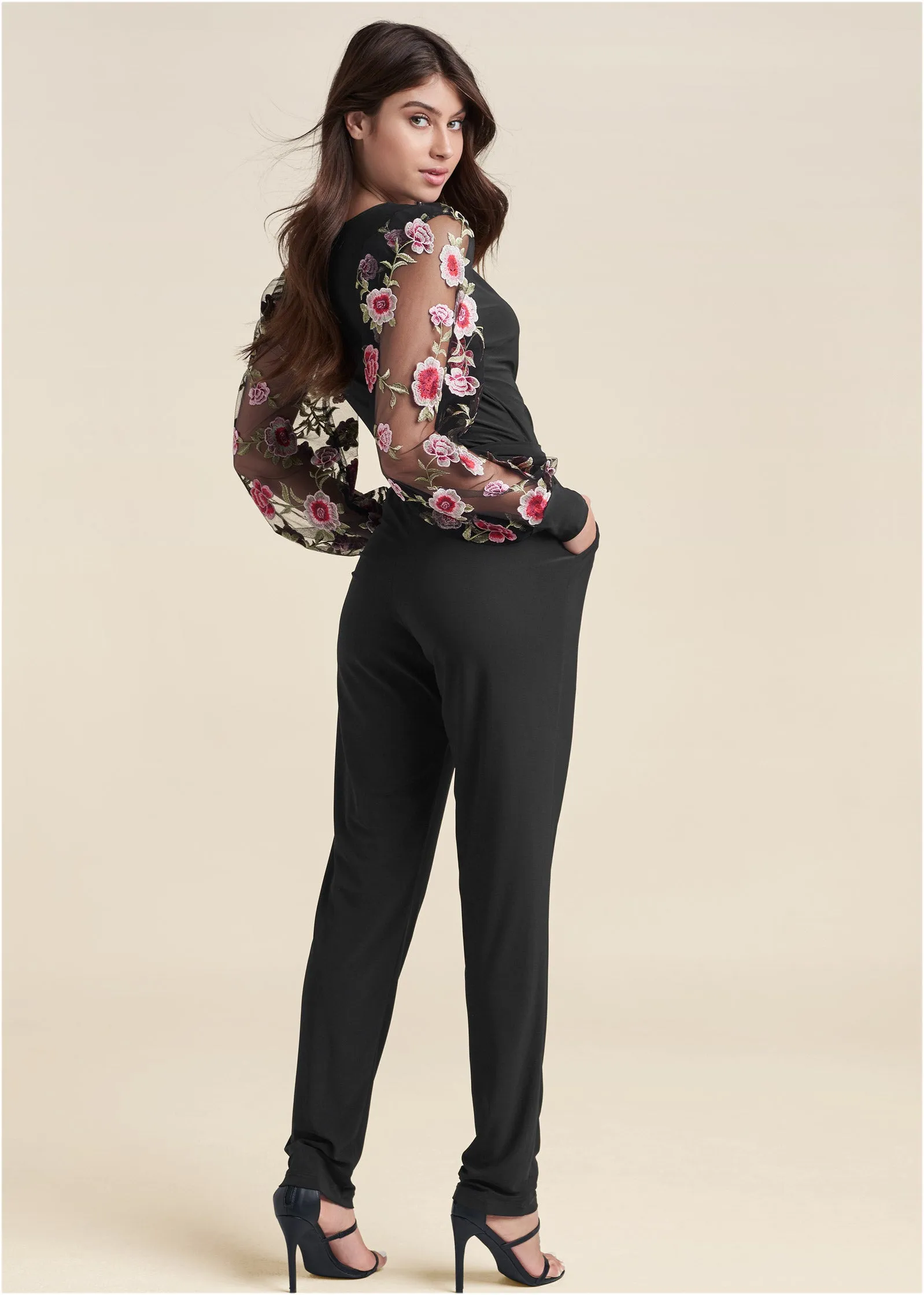 Embroidered Sleeve Jumpsuit - Black Multi