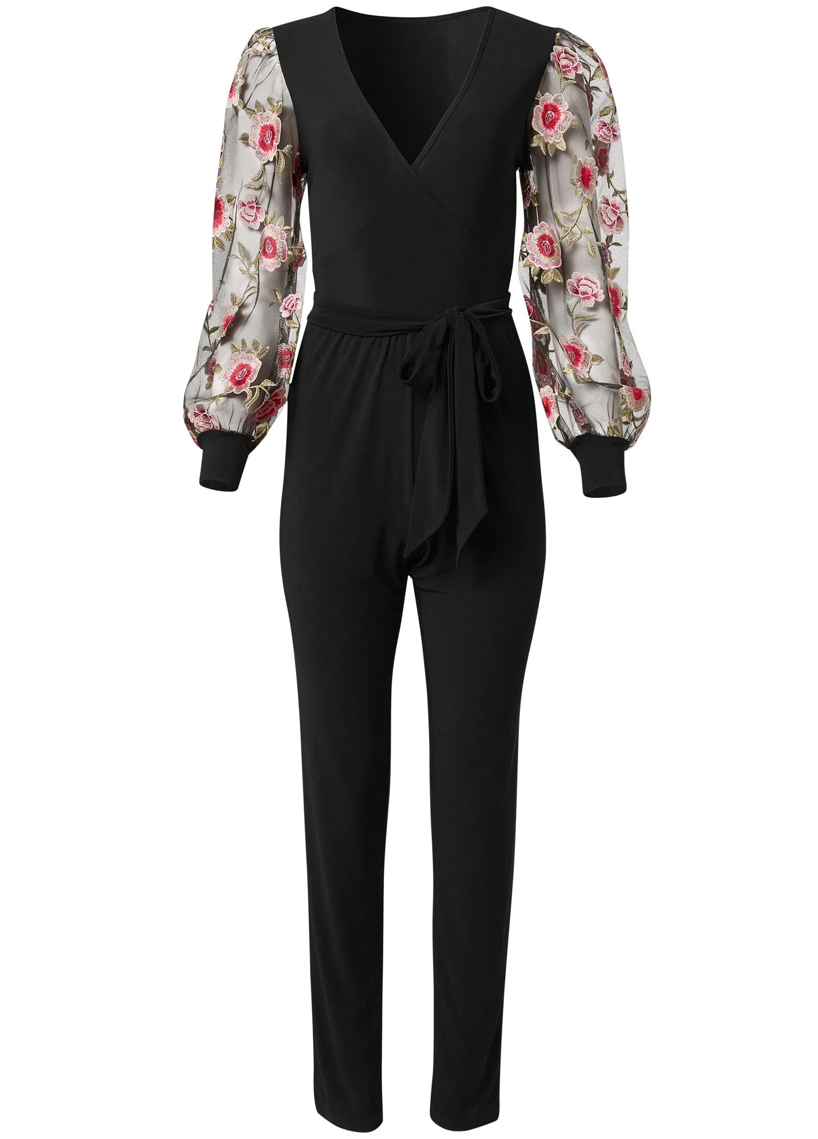 Embroidered Sleeve Jumpsuit - Black Multi