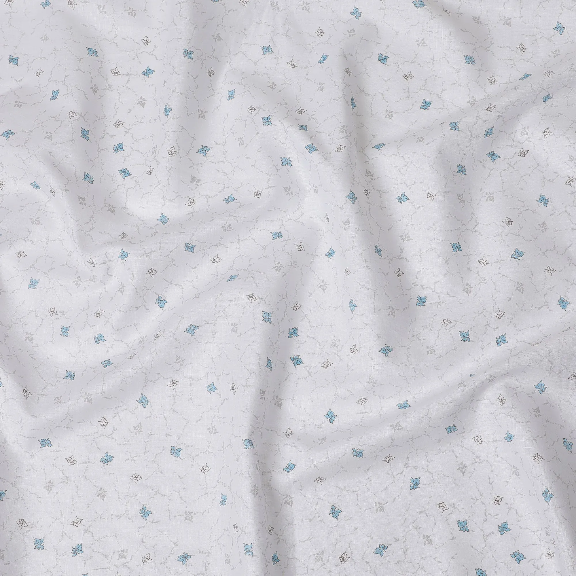 Ethereal Marble Floral Printed Linen Fabric, 150 cm Width - Ice Blue Accents on White-D18742