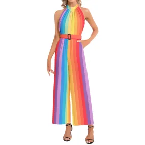 Festive Mist Halter Neck Buckle Belted Jumpsuit