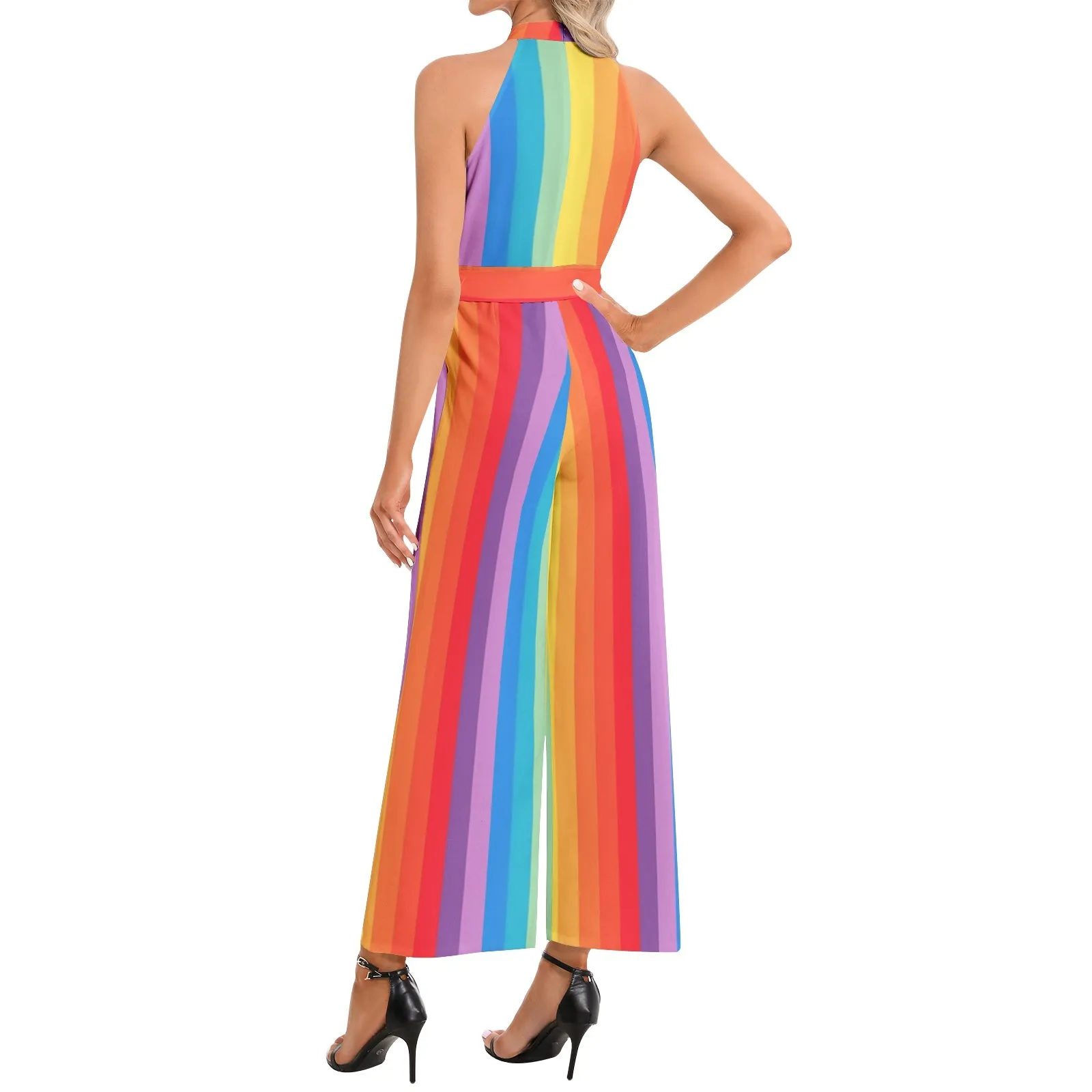 Festive Mist Halter Neck Buckle Belted Jumpsuit