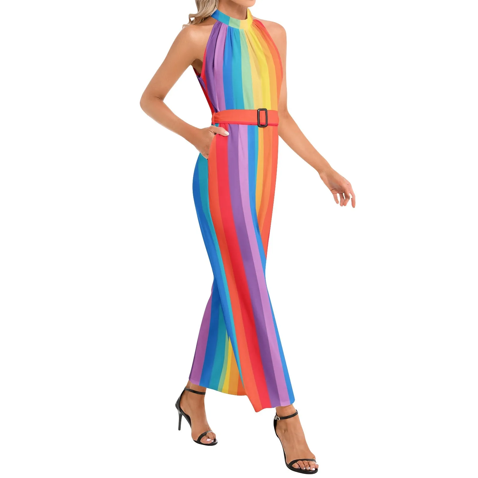 Festive Mist Halter Neck Buckle Belted Jumpsuit