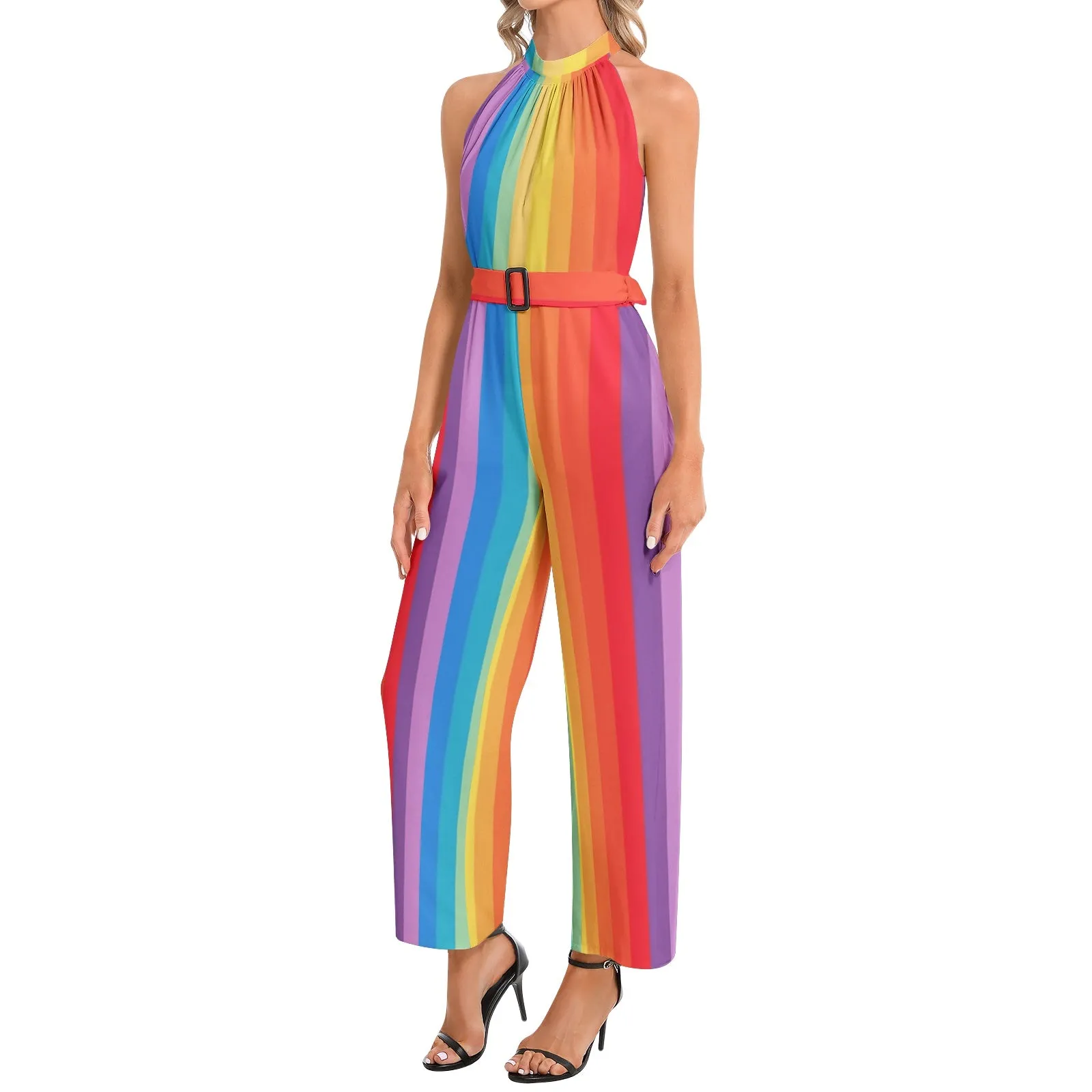 Festive Mist Halter Neck Buckle Belted Jumpsuit