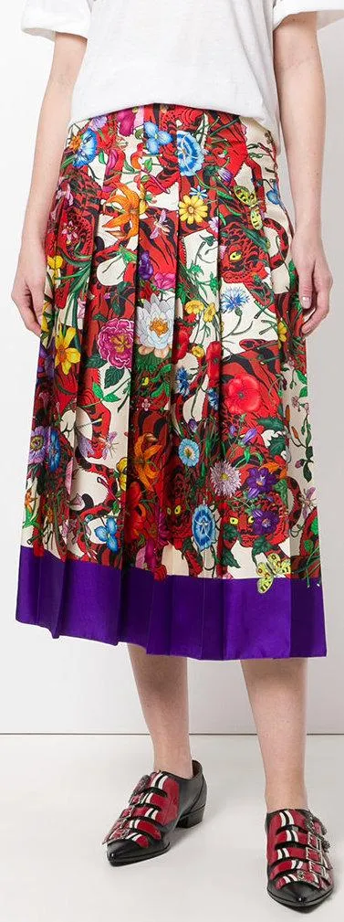 Floral and Tiger Print Pleated Skirt
