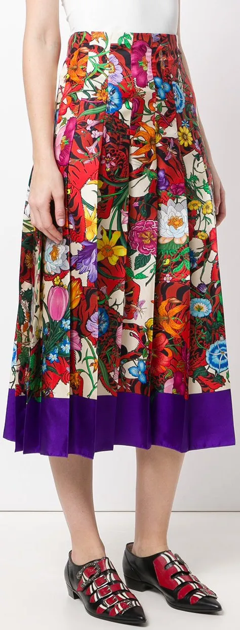 Floral and Tiger Print Pleated Skirt