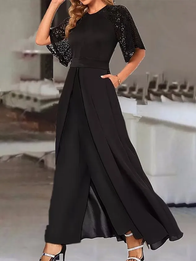 FLYTONN-Elegant Crew Neck Lace Loose Jumpsuit(Customized version)
