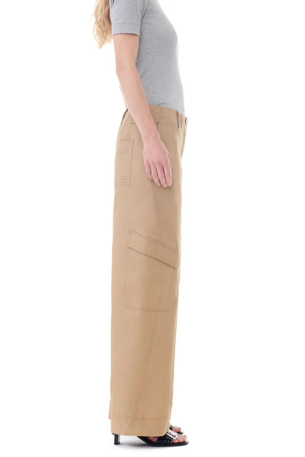 Ganni Herringbone Canvas Mid Waist Cargo Pants