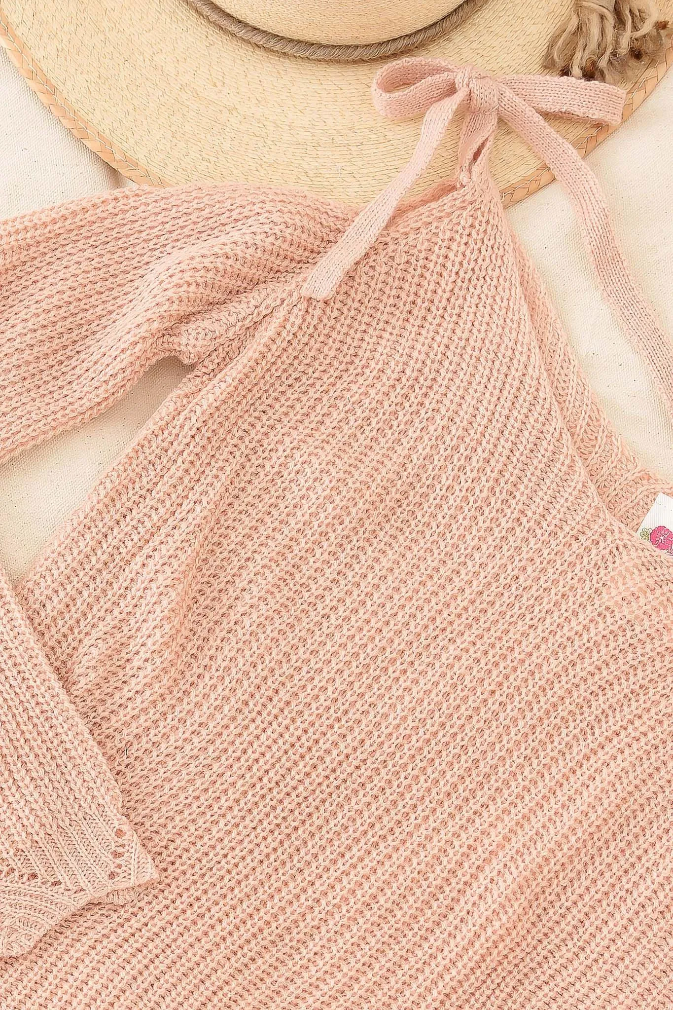 Girls Casual Solid Cold Shoulder Tie Sweater