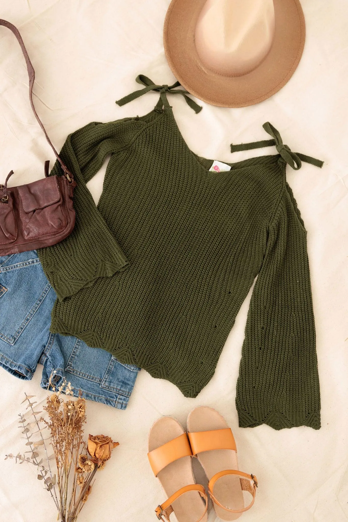 Girls Casual Solid Cold Shoulder Tie Sweater