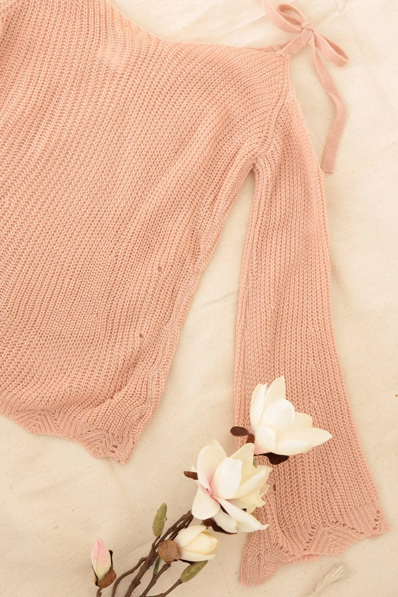 Girls Casual Solid Cold Shoulder Tie Sweater