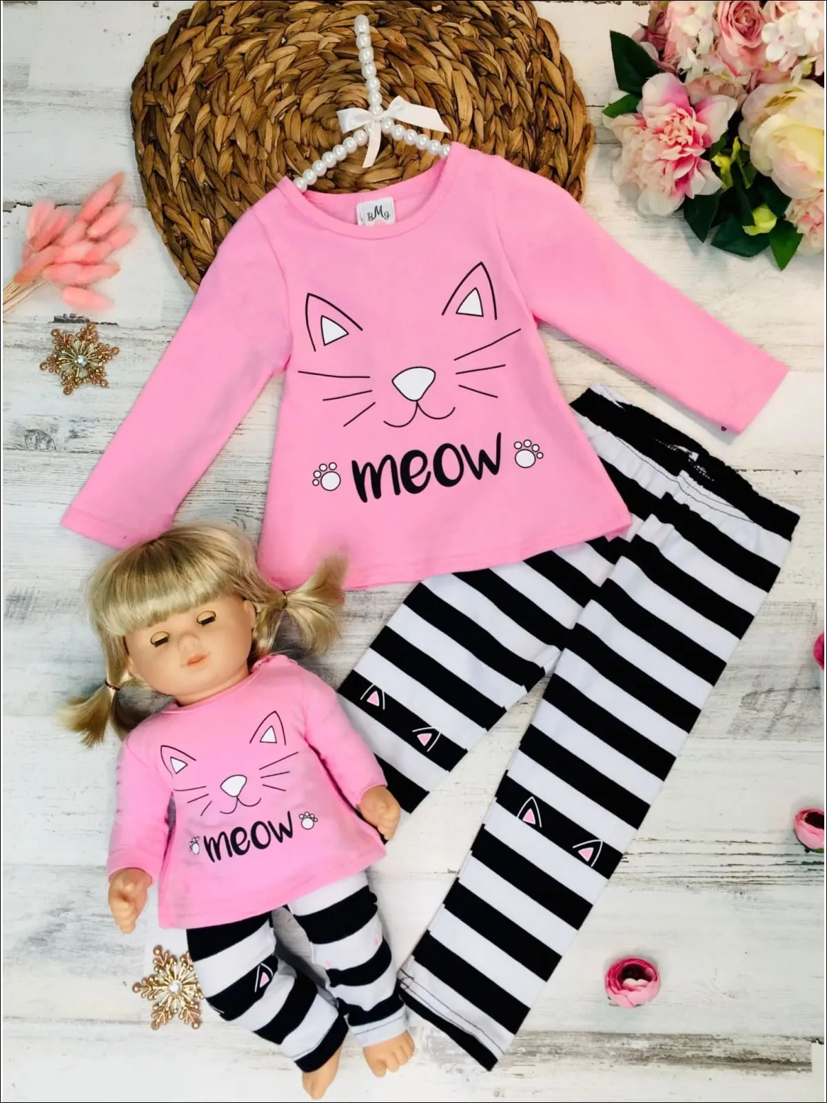 Girls Pink Long Sleeve Kitty "Meow" Top And Striped Legging Set with Matching Doll Set