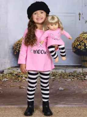 Girls Pink Long Sleeve Kitty "Meow" Top And Striped Legging Set with Matching Doll Set
