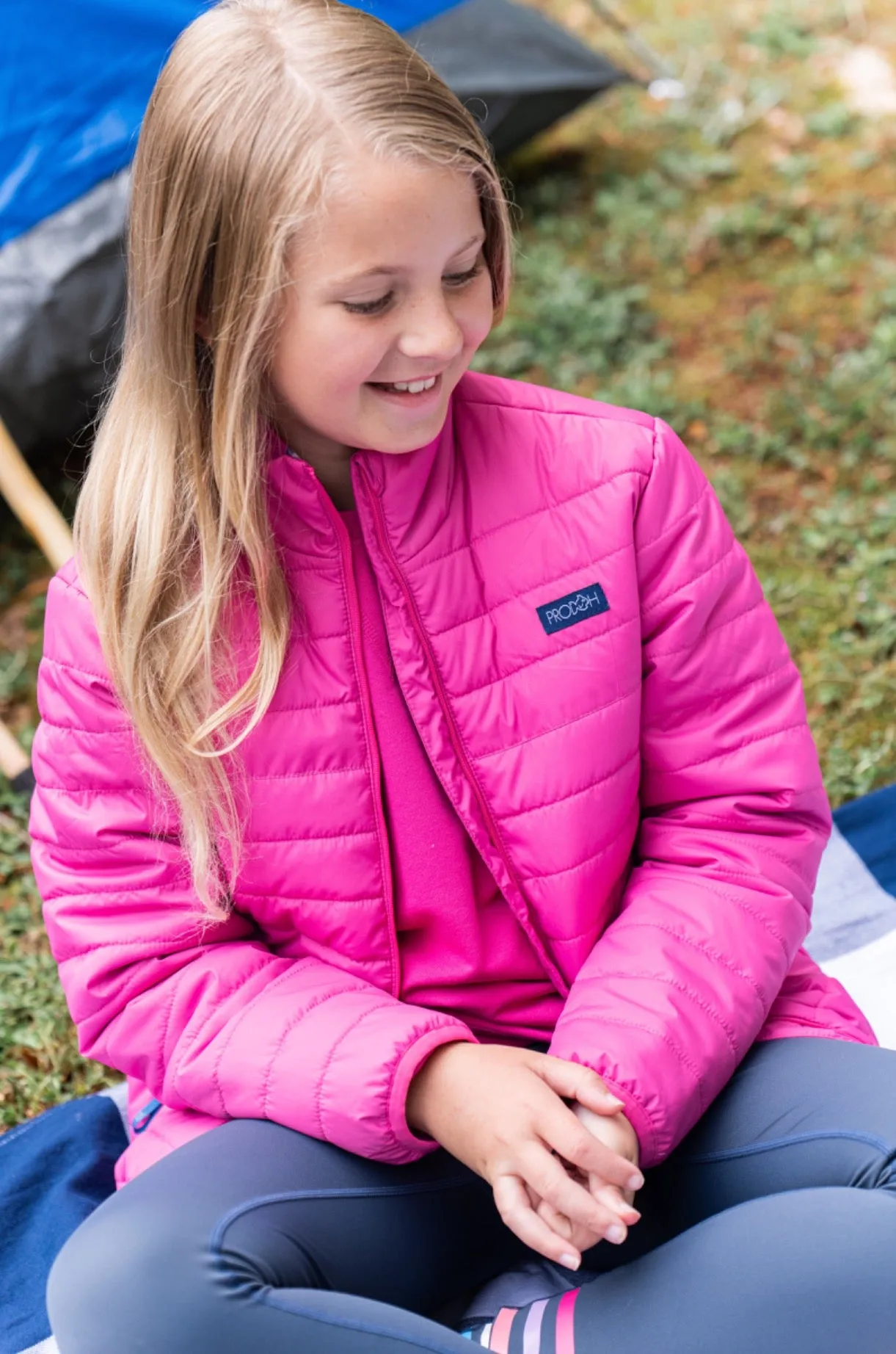 Girl's Puffer Jacket in Raspberry Rose Pink with Bigeye Tuna Print Liner