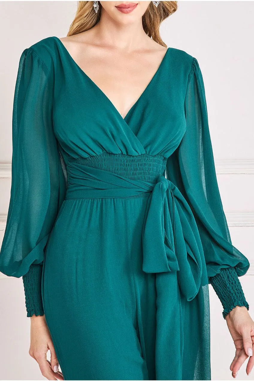 Goddiva Chiffon Puffy Sleeve Jumpsuit -  Emerald Green