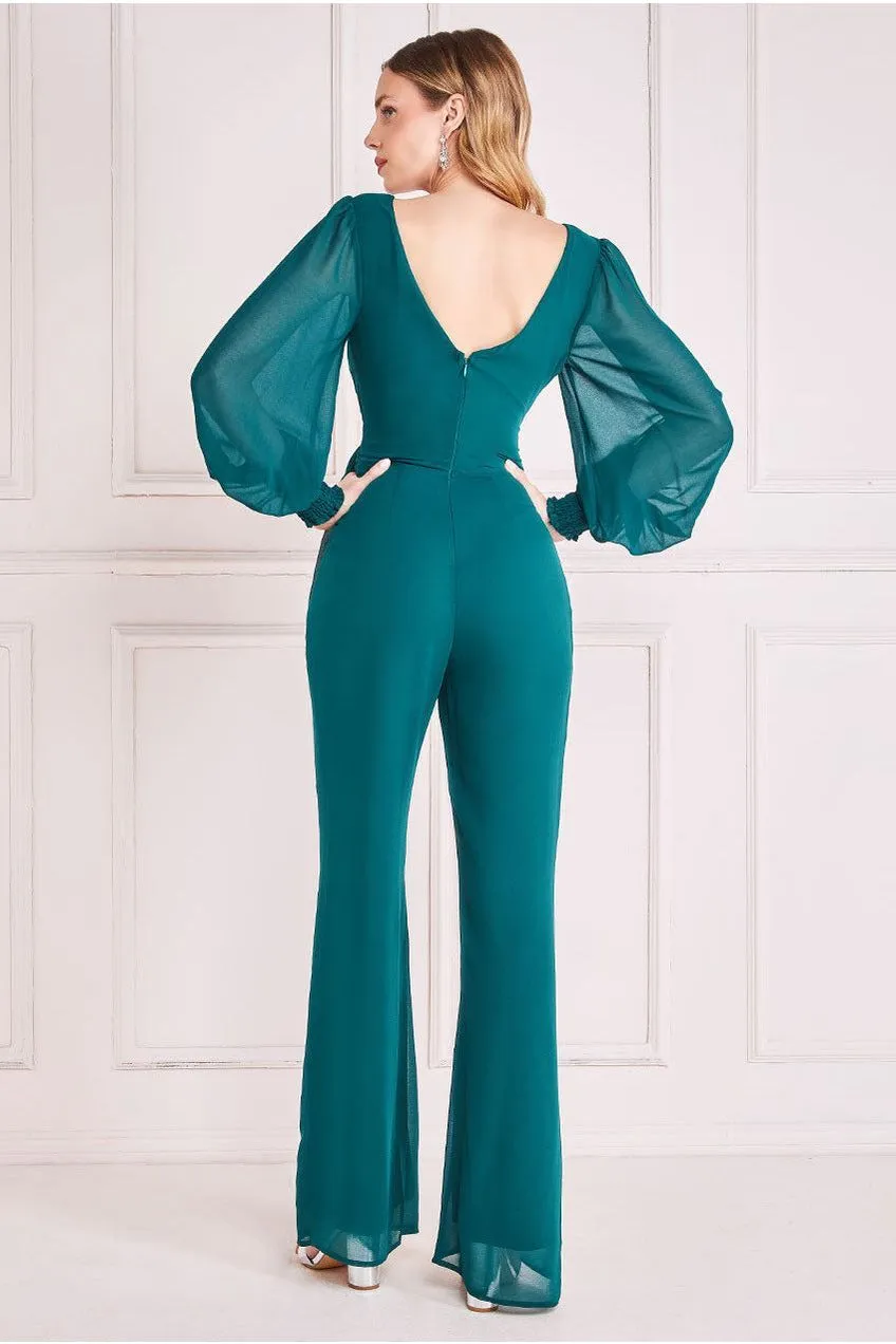 Goddiva Chiffon Puffy Sleeve Jumpsuit -  Emerald Green