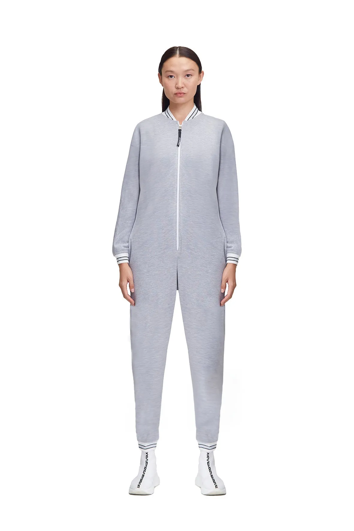 Gray Long Sleeve Casual Zip-Up Bomber Jumpsuit