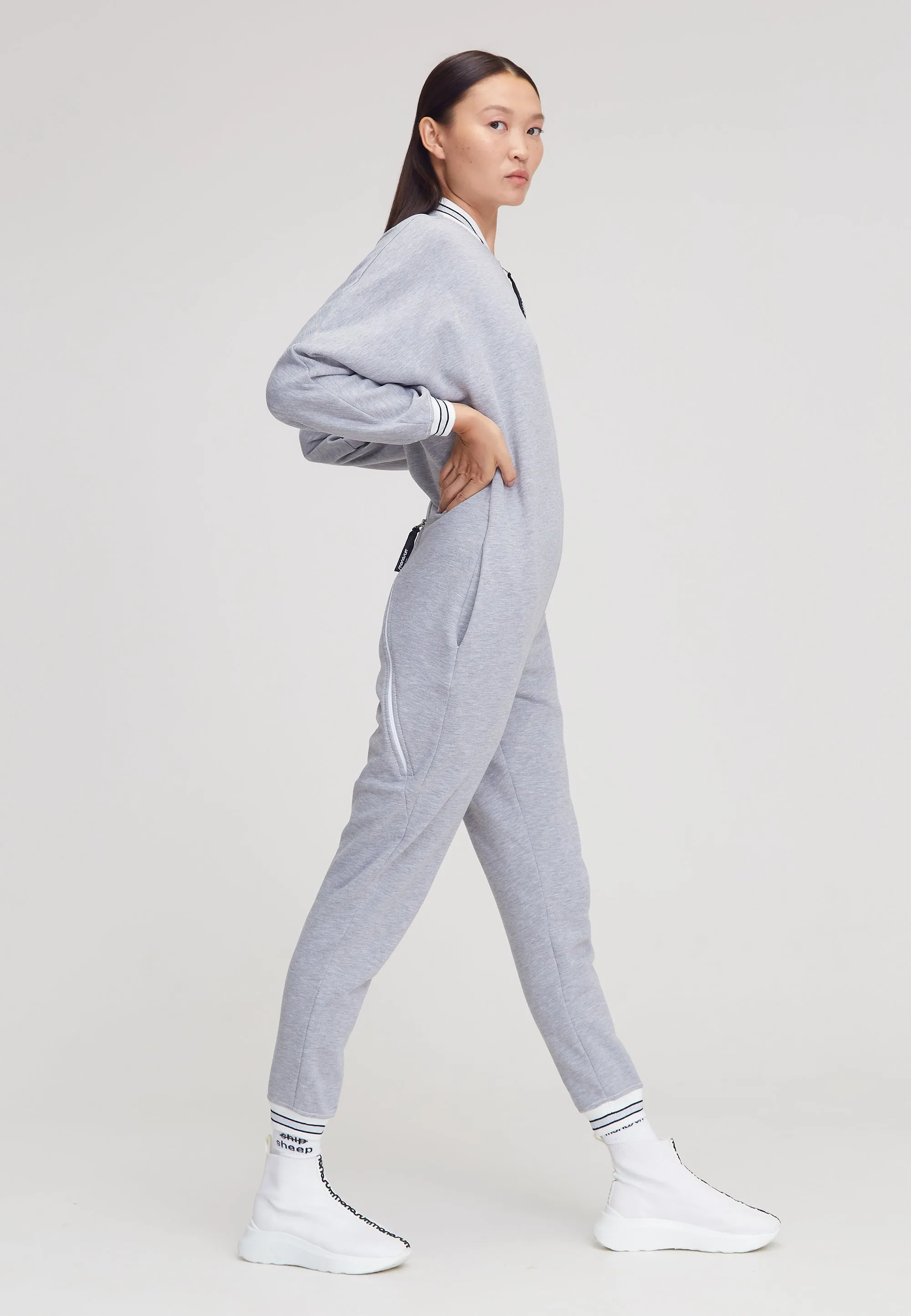 Gray Long Sleeve Casual Zip-Up Bomber Jumpsuit