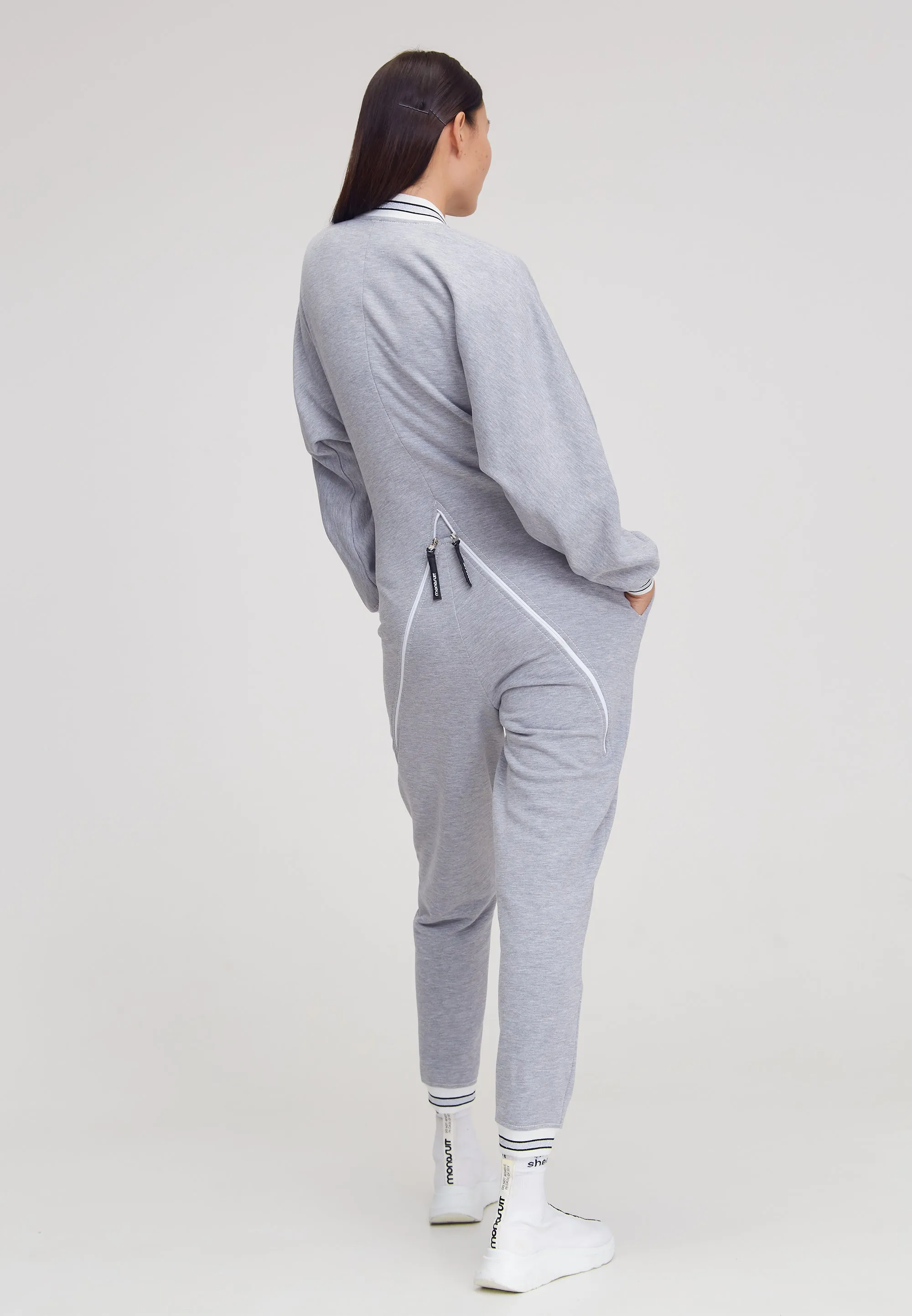 Gray Long Sleeve Casual Zip-Up Bomber Jumpsuit