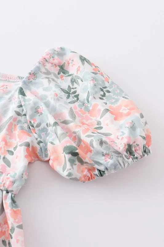 Green Floral Print Ruffle Girl Jumpsuit