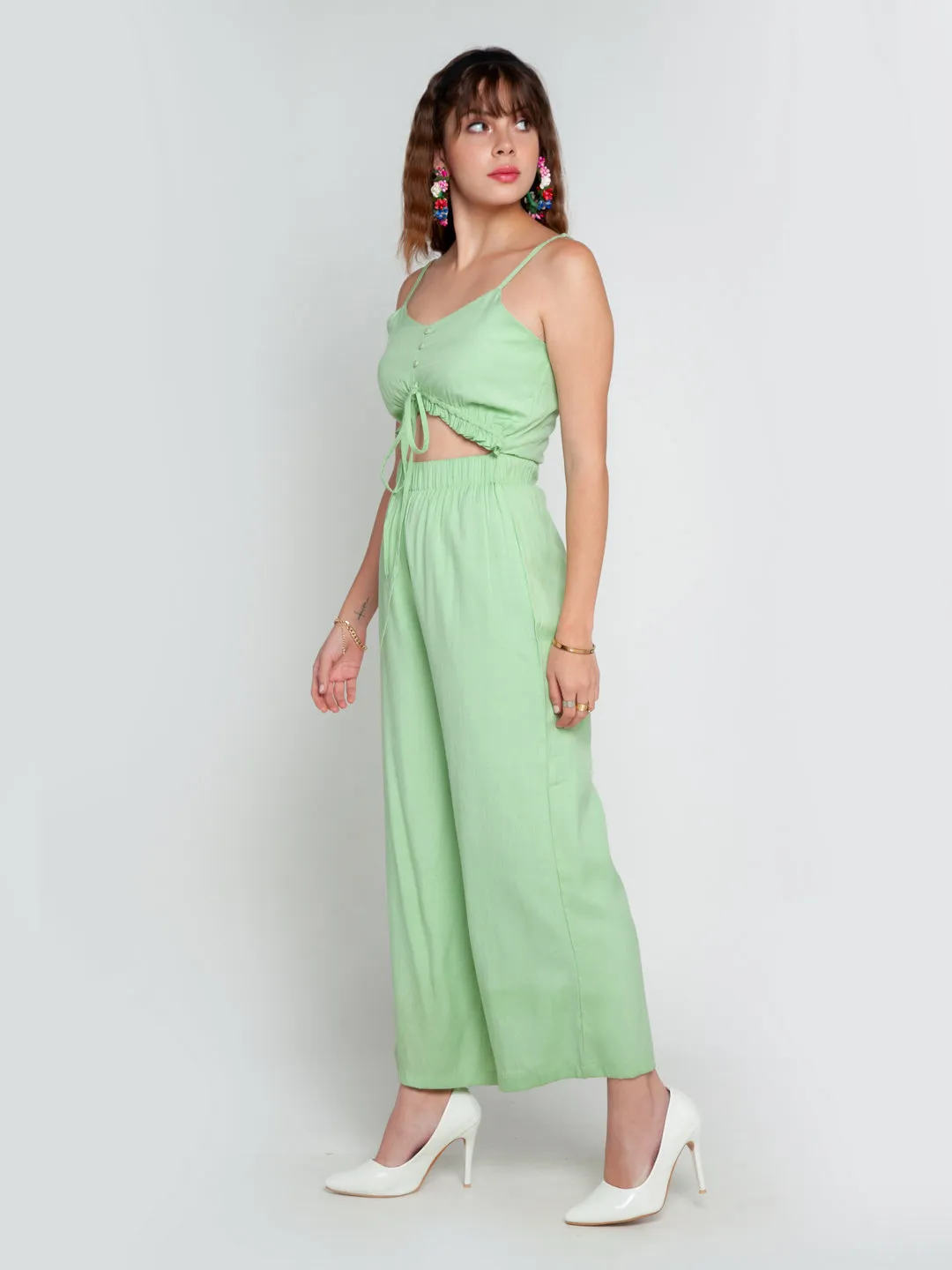 Green Solid Tie-Up Jumpsuit