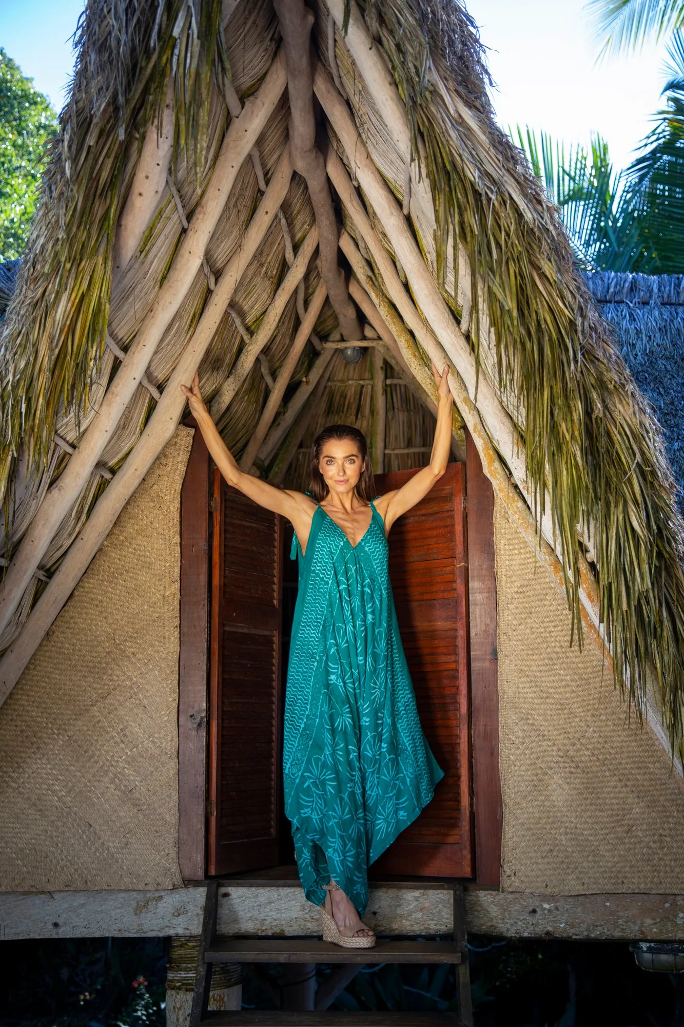 Gypsy Jumpsuit in Batik Bora Bora Teal Mint Palm