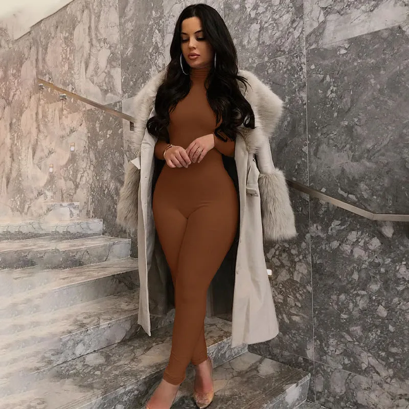 Hzori 2023 Autumn and Winter New Pure Color Tight Long Sleeve Fleece-Lined Jumpsuit Women's Clothing Yoga Bodysuit