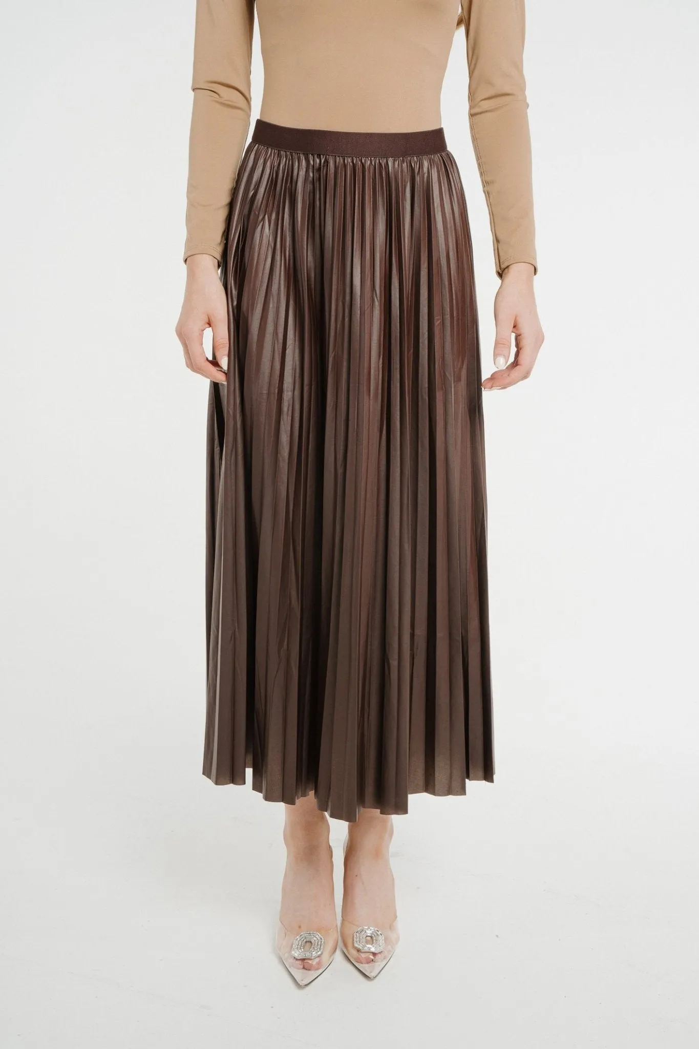 Jane Pleated Midi Skirt In Chocolate