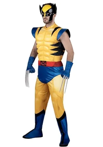 Jazwares Marvel Wolverine Adult Costume - Padded Jumpsuit, Detachable Claws, and Plastic Mask, Halloween Outfit - Officially Licensed X-Large Yellow