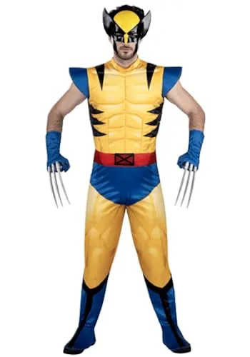 Jazwares Marvel Wolverine Adult Costume - Padded Jumpsuit, Detachable Claws, and Plastic Mask, Halloween Outfit - Officially Licensed X-Large Yellow